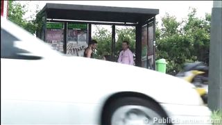 Risky public sex threesome at a bus stop with big tits girl