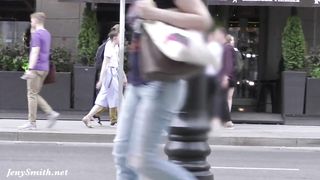Jeny Smith walks in public with transparent shorts. Real flashing moments