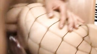 Busty blonde in fishnets fucked hard by a big cock and creampied
