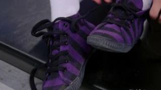 Blonde squirts several times on machine (white socks, Mona Wales)