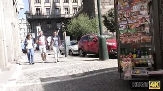 HUNT4K. Slim brunette fucked by guy in front of her nerdy cuckold