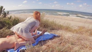 INTERRUPTED SEX on PUBLIC BEACH | Risky Outdoor Creampie Hairy Ginger Pussy