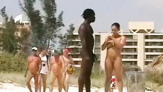 Girls discuss a stallion's cock on the beach
