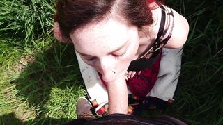 POV Uk Redhead almost Gets Caught with a Dick in her Throat in Public Swallowing Huge Load