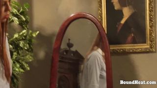 Dominant Madame In Leather Whipping Two Tied Lesbian Slaves