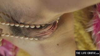 Close ups of puffy nippled milf masturbating hard on a balloon