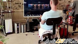 Girlfriend Masturbate Sex Toy Behind Guy Playing Computer
