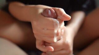 POV Oiled Handjob by Japanese Teen Massager. Thick Slow Cumshot on Soft Hands.