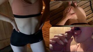 Athletic Girl gives a Blowjob in the Sauna. Cum in Mouth.