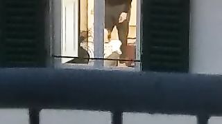 Neighbor window lesbian girlfriend kissing touching no nudes
