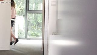 the cum heels of a colleague in a miniskirt