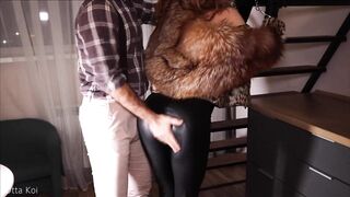 Fucking Redhead Slut in Black Leather Leggings and Fur Coat. Cum on Face - Otta Koi