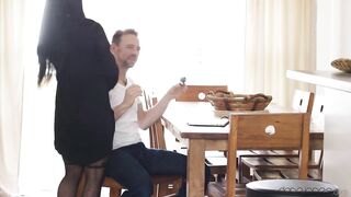 Playful wife teases big dick out of working man