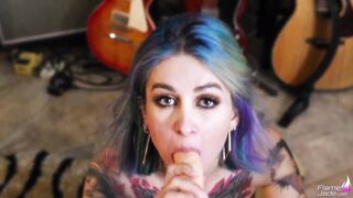 Rock Musician Girl Blowjob Big Dildo at the Studio and Facial Closeup