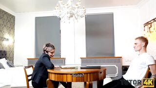 TUTOR4K. MILF Wearing Official Suit makes Younger Guy go Crazy about Fucking