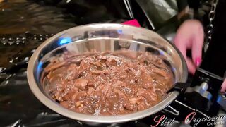 Slave Slut-Orgasma Celeste in Black Latex Eating Dog Food and Drinking Piss