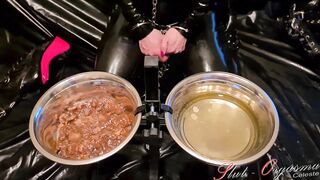 Slave Slut-Orgasma Celeste in Black Latex Eating Dog Food and Drinking Piss
