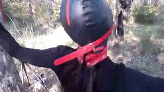Outdoor Sex in the Wood. Wearing Sexy Clothes and High Heels, Bound, Throated and Fucked