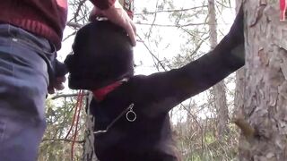 Outdoor Sex in the Wood. Wearing Sexy Clothes and High Heels, Bound, Throated and Fucked