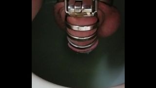 Guy sitting down to pee in a chastity cage!