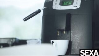 Beautiful black Brazilian babe gets her fix of caffeine and cock