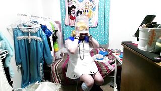 Shiny PVC Cosplay Sissy Lillie Gagged Breathplay Stinky Socks Vibrator