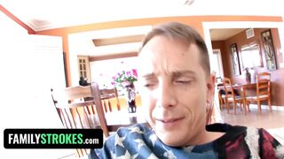 Family Strokes - Big Tits Teen Gets Down On Her Knees And Slobbers On Stepdads Big Juicy Meat