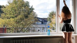 Good slutty maid cleans her Dom's windows and is used as reward