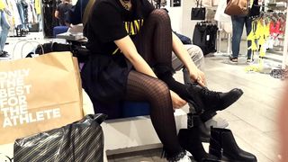 Her perfect upskirt, Pantyhose shoe shopping