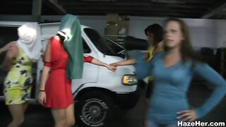 Lesbian college girls in a warehouse
