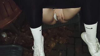 Spontaneous risky pull out fuck in front of a public café on our night walk