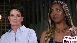 Whipping Ebony Dyke Punishes Trapped Lesbian With Toys