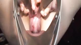 Bizarre vaginal gaping with XXL horse speculum