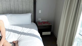 Wife fucked in hotel window by husband and his friend with huge double facial...