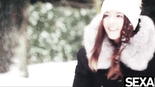Cute lovers warm up on a snowy day with passionate fucking