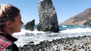 Elfie swallows cum on Californian beach