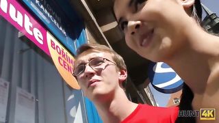 HUNT4K. Young Chick Rides Guy's Dick next to her Submissive Cuckold