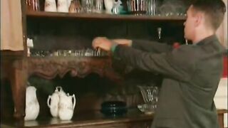 Skinny housewife gets sandwiched on a table