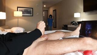 COCK FLASHING Real hotel maid watches me jerk off. she helps with handjob and cum in her panties