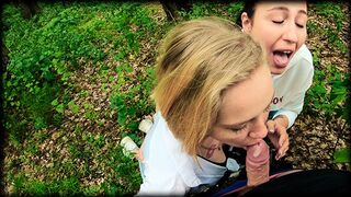 Two Girlfriends Suck Cock in the Woods - Threesome Outdoor Blowjob - Public POV