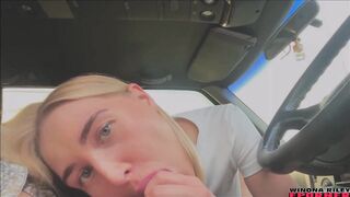 Russian Blonde CAR BLOWJOB Finish Cum Mouth Big Red Lips - Amateurgirl