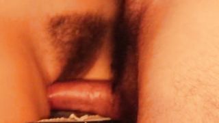 Girlfriend Rubs her Hairy Pussy with Dick and got Cum on Bush (pussyjob)