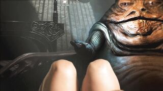 Star Wars Princess Leia dances oiled up for Jabba the Hutt, she sucks and rides his slippery cock
