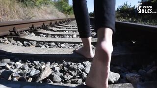 Barefoot walking and dirty feet on rails (long toes, bare feet, foot tease, sexy feet, public feet)