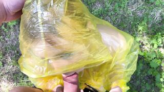 Girl in pvc raincoat suck dick in the forest