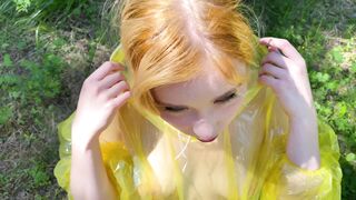 Girl in pvc raincoat suck dick in the forest