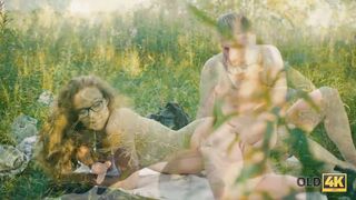 OLD4K. Girl tempts old man and gets it on with him in the greenery