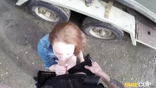 Fake Cop - Unfaithful redhead girlfriend gets the full length of a policemans big cock inside her