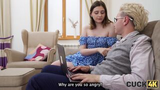 CUCK4K. Hot and shy slut is cheating on her husband right in front of him