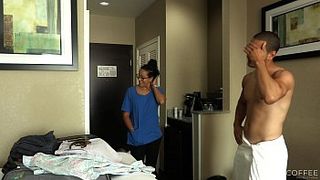 ROOM SERVICE! Slutty Latina maid Jolla fucks hotel guest and makes a mess in the room.